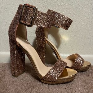 Lov Mark Rose Gold Glitters Chunky Heel Sandals Size 7